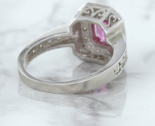 Load image into Gallery viewer, 1.56ct Radiant Pink Sapphire Ring with Diamond Halo in 18K White Gold