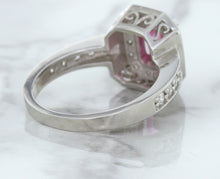 Load image into Gallery viewer, 1.56ct Radiant Pink Sapphire Ring with Diamond Halo in 18K White Gold