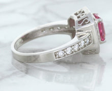 Load image into Gallery viewer, 1.56ct Radiant Pink Sapphire Ring with Diamond Halo in 18K White Gold