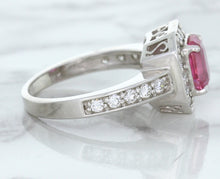 Load image into Gallery viewer, 1.56ct Radiant Pink Sapphire Ring with Diamond Halo in 18K White Gold