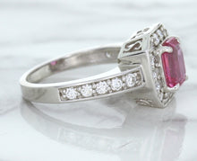 Load image into Gallery viewer, 1.56ct Radiant Pink Sapphire Ring with Diamond Halo in 18K White Gold