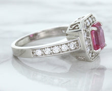 Load image into Gallery viewer, 1.56ct Radiant Pink Sapphire Ring with Diamond Halo in 18K White Gold