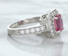 Load image into Gallery viewer, 1.56ct Radiant Pink Sapphire Ring with Diamond Halo in 18K White Gold