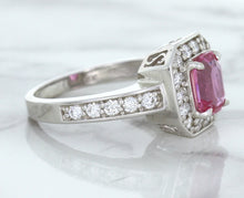 Load image into Gallery viewer, 1.56ct Radiant Pink Sapphire Ring with Diamond Halo in 18K White Gold