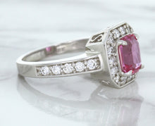 Load image into Gallery viewer, 1.56ct Radiant Pink Sapphire Ring with Diamond Halo in 18K White Gold