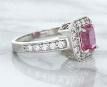 Load image into Gallery viewer, 1.56ct Radiant Pink Sapphire Ring with Diamond Halo in 18K White Gold