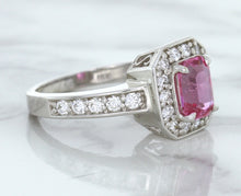 Load image into Gallery viewer, 1.56ct Radiant Pink Sapphire Ring with Diamond Halo in 18K White Gold