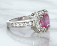 Load image into Gallery viewer, 1.56ct Radiant Pink Sapphire Ring with Diamond Halo in 18K White Gold