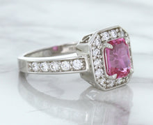 Load image into Gallery viewer, 1.56ct Radiant Pink Sapphire Ring with Diamond Halo in 18K White Gold
