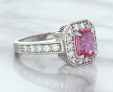 Load image into Gallery viewer, 1.56ct Radiant Pink Sapphire Ring with Diamond Halo in 18K White Gold