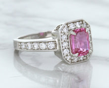 Load image into Gallery viewer, 1.56ct Radiant Pink Sapphire Ring with Diamond Halo in 18K White Gold