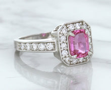 Load image into Gallery viewer, 1.56ct Radiant Pink Sapphire Ring with Diamond Halo in 18K White Gold