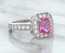 Load image into Gallery viewer, 1.56ct Radiant Pink Sapphire Ring with Diamond Halo in 18K White Gold
