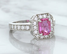 Load image into Gallery viewer, 1.56ct Radiant Pink Sapphire Ring with Diamond Halo in 18K White Gold