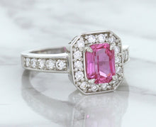 Load image into Gallery viewer, 1.56ct Radiant Pink Sapphire Ring with Diamond Halo in 18K White Gold