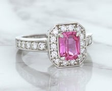 Load image into Gallery viewer, 1.56ct Radiant Pink Sapphire Ring with Diamond Halo in 18K White Gold