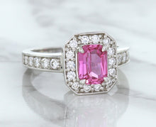 Load image into Gallery viewer, 1.56ct Radiant Pink Sapphire Ring with Diamond Halo in 18K White Gold