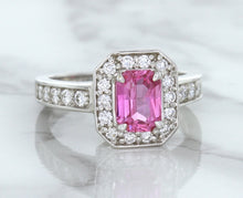 Load image into Gallery viewer, 1.56ct Radiant Pink Sapphire Ring with Diamond Halo in 18K White Gold