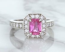 Load image into Gallery viewer, 1.56ct Radiant Pink Sapphire Ring with Diamond Halo in 18K White Gold