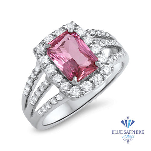 2.25ct Emerald Cut Pink Sapphire Ring with Diamond halo in 18K