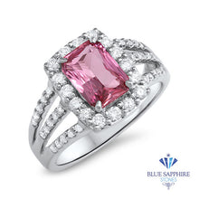 Load image into Gallery viewer, 2.25ct Emerald Cut Pink Sapphire Ring with Diamond halo in 18K White Gold