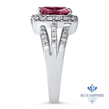 Load image into Gallery viewer, 2.25ct Emerald Cut Pink Sapphire Ring with Diamond halo in 18K White Gold