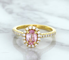Load image into Gallery viewer, 1.14ct Oval Pink Sapphire Ring with Diamond Halo in 18K Rose Gold
