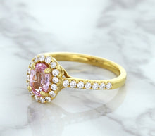 Load image into Gallery viewer, 1.14ct Oval Pink Sapphire Ring with Diamond Halo in 18K Rose Gold