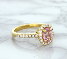 Load image into Gallery viewer, 1.14ct Oval Pink Sapphire Ring with Diamond Halo in 18K Rose Gold