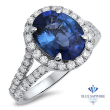 Load image into Gallery viewer, 3.55ct Oval Blue Sapphire Ring with Diamond Halo in 18K White Gold