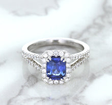 Load image into Gallery viewer, 1.43ct Cushion Blue Sapphire Ring with Diamond Halo in 18K White Gold