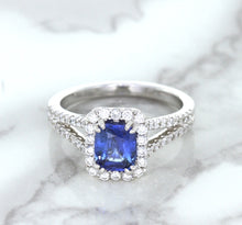 Load image into Gallery viewer, 1.43ct Cushion Blue Sapphire Ring with Diamond Halo in 18K White Gold