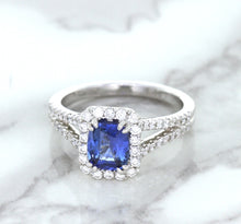 Load image into Gallery viewer, 1.43ct Cushion Blue Sapphire Ring with Diamond Halo in 18K White Gold