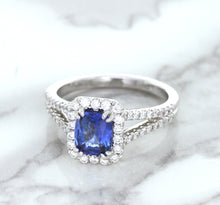 Load image into Gallery viewer, 1.43ct Cushion Blue Sapphire Ring with Diamond Halo in 18K White Gold