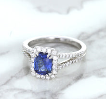 Load image into Gallery viewer, 1.43ct Cushion Blue Sapphire Ring with Diamond Halo in 18K White Gold