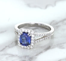 Load image into Gallery viewer, 1.43ct Cushion Blue Sapphire Ring with Diamond Halo in 18K White Gold