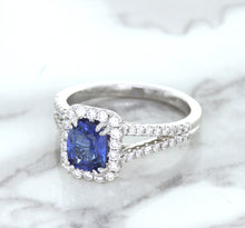 Load image into Gallery viewer, 1.43ct Cushion Blue Sapphire Ring with Diamond Halo in 18K White Gold