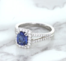 Load image into Gallery viewer, 1.43ct Cushion Blue Sapphire Ring with Diamond Halo in 18K White Gold