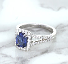 Load image into Gallery viewer, 1.43ct Cushion Blue Sapphire Ring with Diamond Halo in 18K White Gold