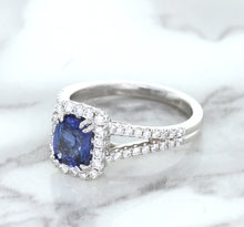 Load image into Gallery viewer, 1.43ct Cushion Blue Sapphire Ring with Diamond Halo in 18K White Gold