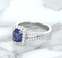 Load image into Gallery viewer, 1.43ct Cushion Blue Sapphire Ring with Diamond Halo in 18K White Gold
