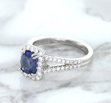 Load image into Gallery viewer, 1.43ct Cushion Blue Sapphire Ring with Diamond Halo in 18K White Gold
