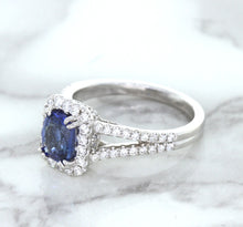Load image into Gallery viewer, 1.43ct Cushion Blue Sapphire Ring with Diamond Halo in 18K White Gold