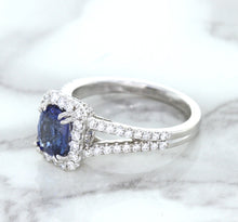 Load image into Gallery viewer, 1.43ct Cushion Blue Sapphire Ring with Diamond Halo in 18K White Gold