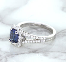 Load image into Gallery viewer, 1.43ct Cushion Blue Sapphire Ring with Diamond Halo in 18K White Gold