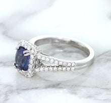 Load image into Gallery viewer, 1.43ct Cushion Blue Sapphire Ring with Diamond Halo in 18K White Gold