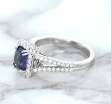 Load image into Gallery viewer, 1.43ct Cushion Blue Sapphire Ring with Diamond Halo in 18K White Gold