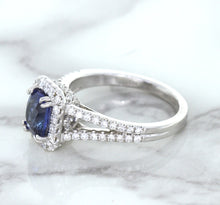 Load image into Gallery viewer, 1.43ct Cushion Blue Sapphire Ring with Diamond Halo in 18K White Gold