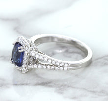 Load image into Gallery viewer, 1.43ct Cushion Blue Sapphire Ring with Diamond Halo in 18K White Gold