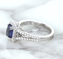 Load image into Gallery viewer, 1.43ct Cushion Blue Sapphire Ring with Diamond Halo in 18K White Gold